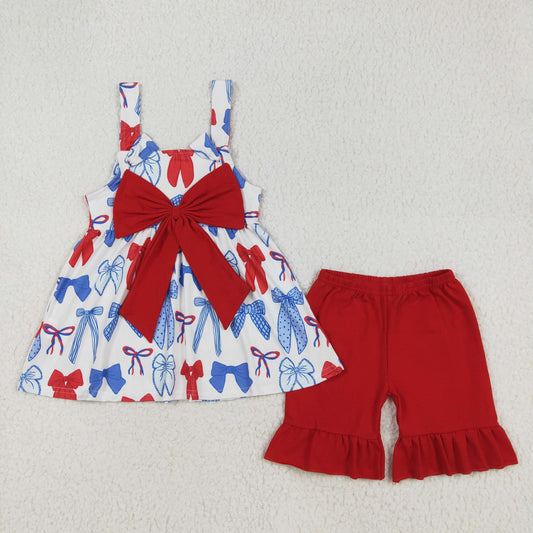 GSSO1952 Red Navy Blue Bow sleeveless top ruffled shorts sets Girls Boutique Summer clothes 202502 RTS