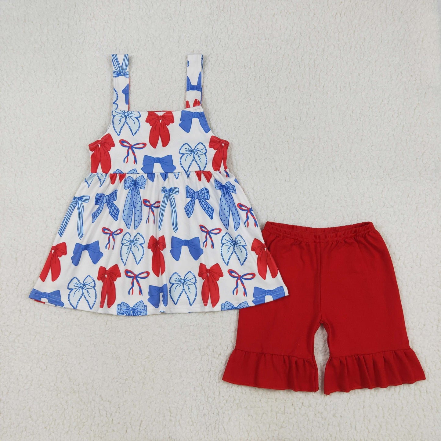 GSSO1952 Red Navy Blue Bow sleeveless top ruffled shorts sets Girls Boutique Summer clothes 202502 RTS