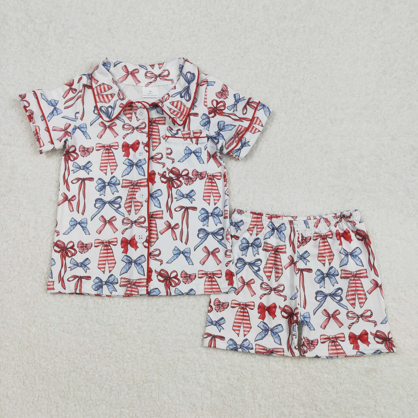 GSSO1966 4th of July American Red Blue Bows White Button Short Sleeve Top shorts set Girls Boutique outfit 202502 RTS