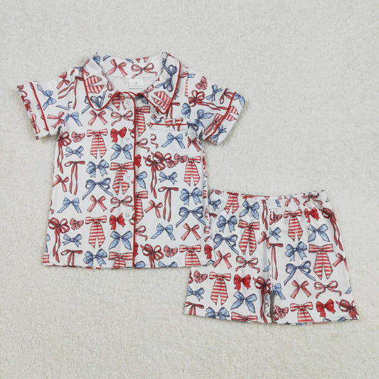 GSSO1966 4th of July American Red Blue Bows White Button Short Sleeve Top shorts set Girls Boutique  outfit 202502 RTS