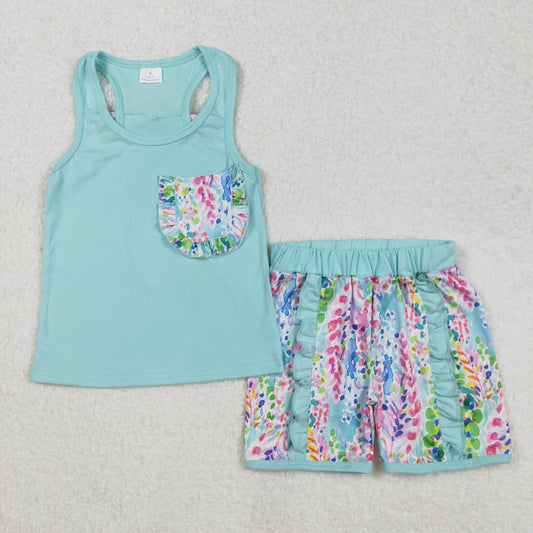 GSSO1982 Blue Pink Flower Bow Ruffle sleeveless top shorts set Girls Boutique outfit 202502 RTS