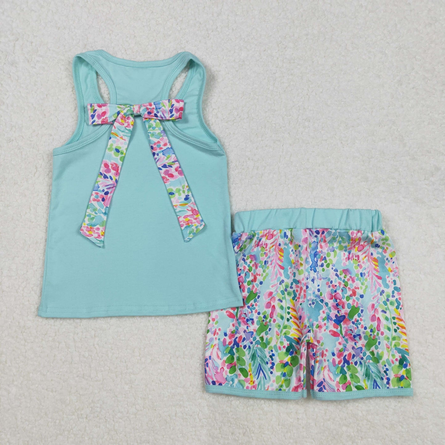 GSSO1982 Blue Pink Flower Bow Ruffle sleeveless top shorts set Girls Boutique outfit 202502 RTS
