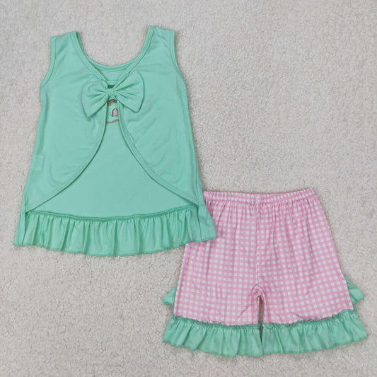 GSSO1983 Embroidered Sea Shell Castle Green Pink Plaid Ruffle Sleeveless Top Shorts Sets Boutique Girls Outfits 202503 RTS
