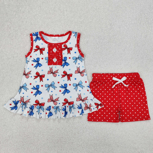 GSSO1991 4th of July Red Blue Bows Dot Ruffle Sleeveless Shorts Girls Boutique Sets 202503 RTS