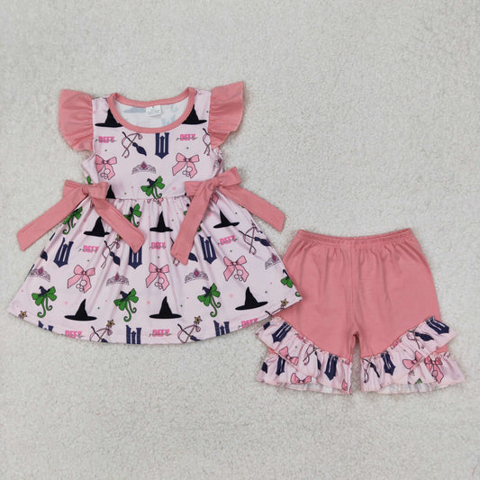 GSSO2006 Pink Bow Cartoon Crown Ruffle Flying Sleeve Top Shorts Sets Boutique Girls Outfits 202503 RTS