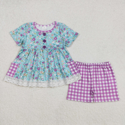 GSSO2011 Green Purple Flower Lace Short Sleeve top plaid shorts sets girls boutique outfit 202502 RTS