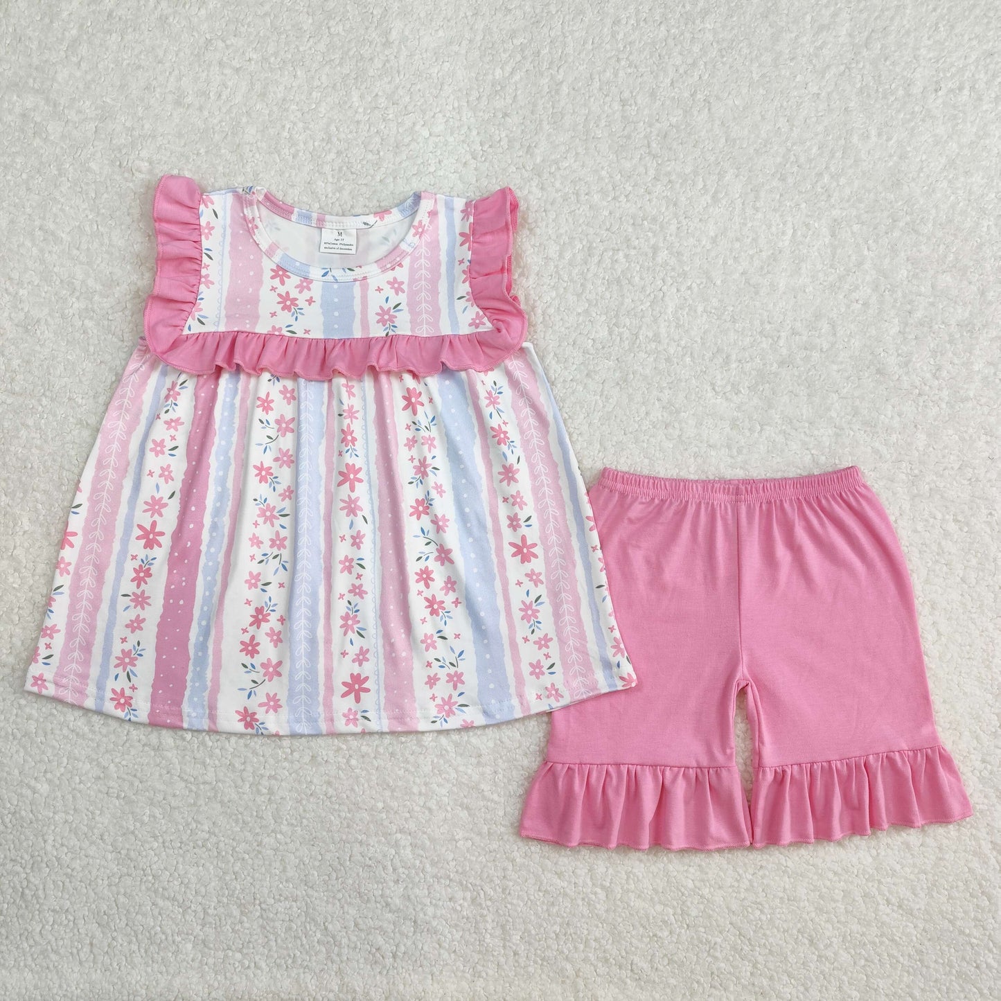 GSSO2012 Hot Pink Blue Refreshing Flower Striped Ruffle Sleeveless Top shorts set Girls Boutique outfit 202502 RTS