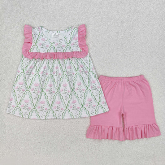GSSO2013 Pink Green Flower Leaf Ruffle Sleeveless top shorts sets girls boutique outfit 202503 RTS