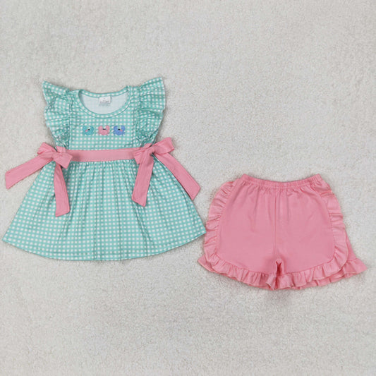 GSSO2017 Embroidered Crab Green Pink Bows Plaid Ruffle Sleeveless Top Shorts Sets Boutique Girls Outfits 202503 RTS