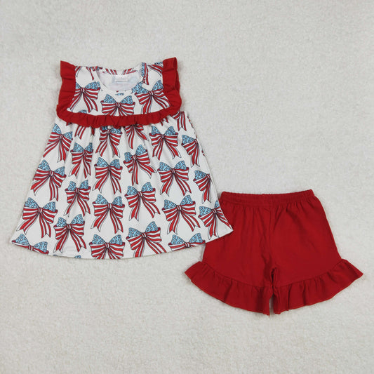 GSSO2019  4th of July National Day Red Blue bows Ruffle sleeveless top shorts sets Girls Boutique clothes  202502 RTS