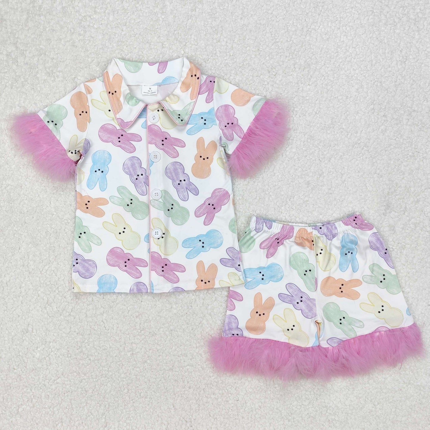 GSSO2020 Easter Bunny Purple Plush Button short sleeve top shorts pajamas set Girls Boutique outfit 202503 RTS