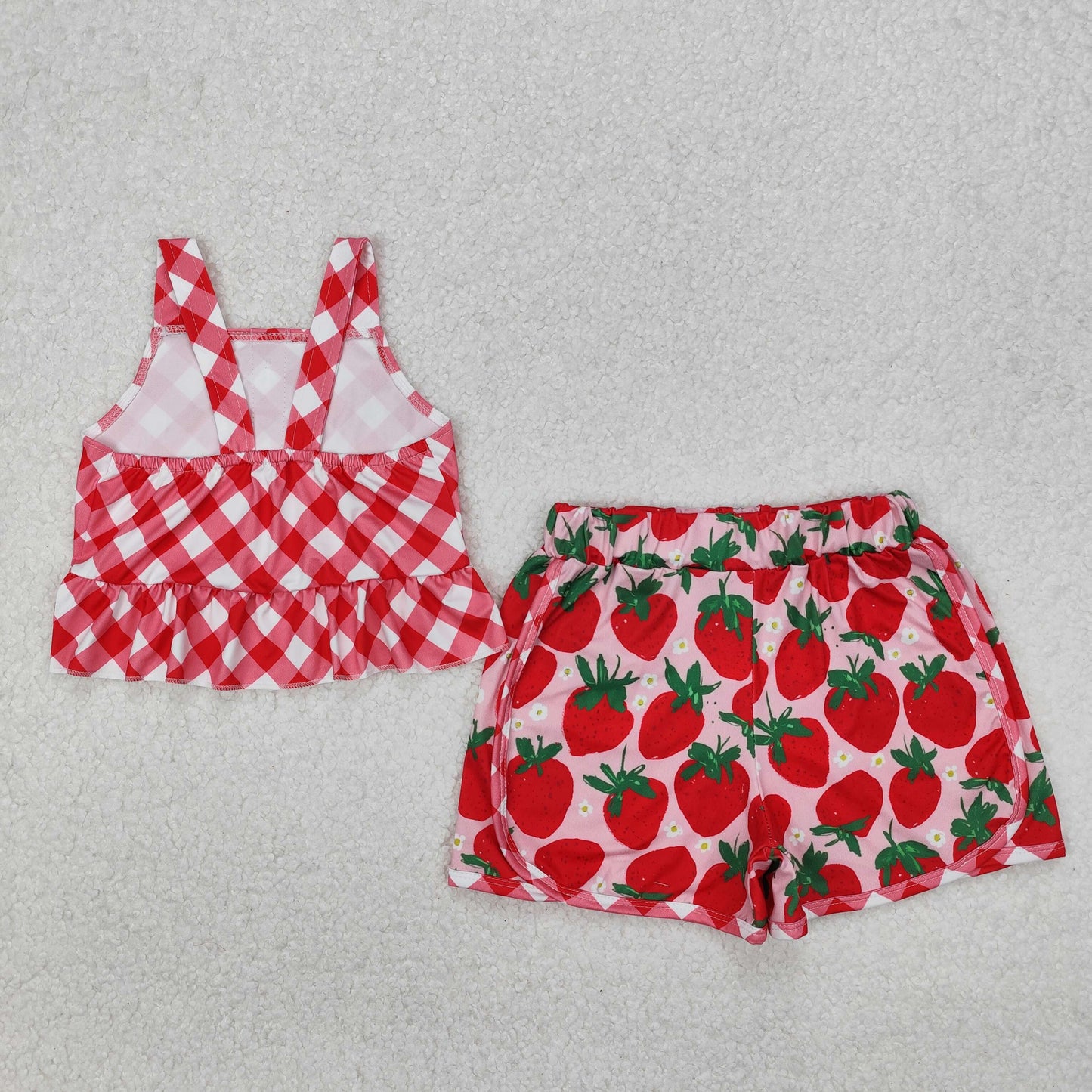 GSSO2037 Red Plaid Strawberry Ruffle Sleeveless Shorts Girls Boutique Sets 202503 RTS