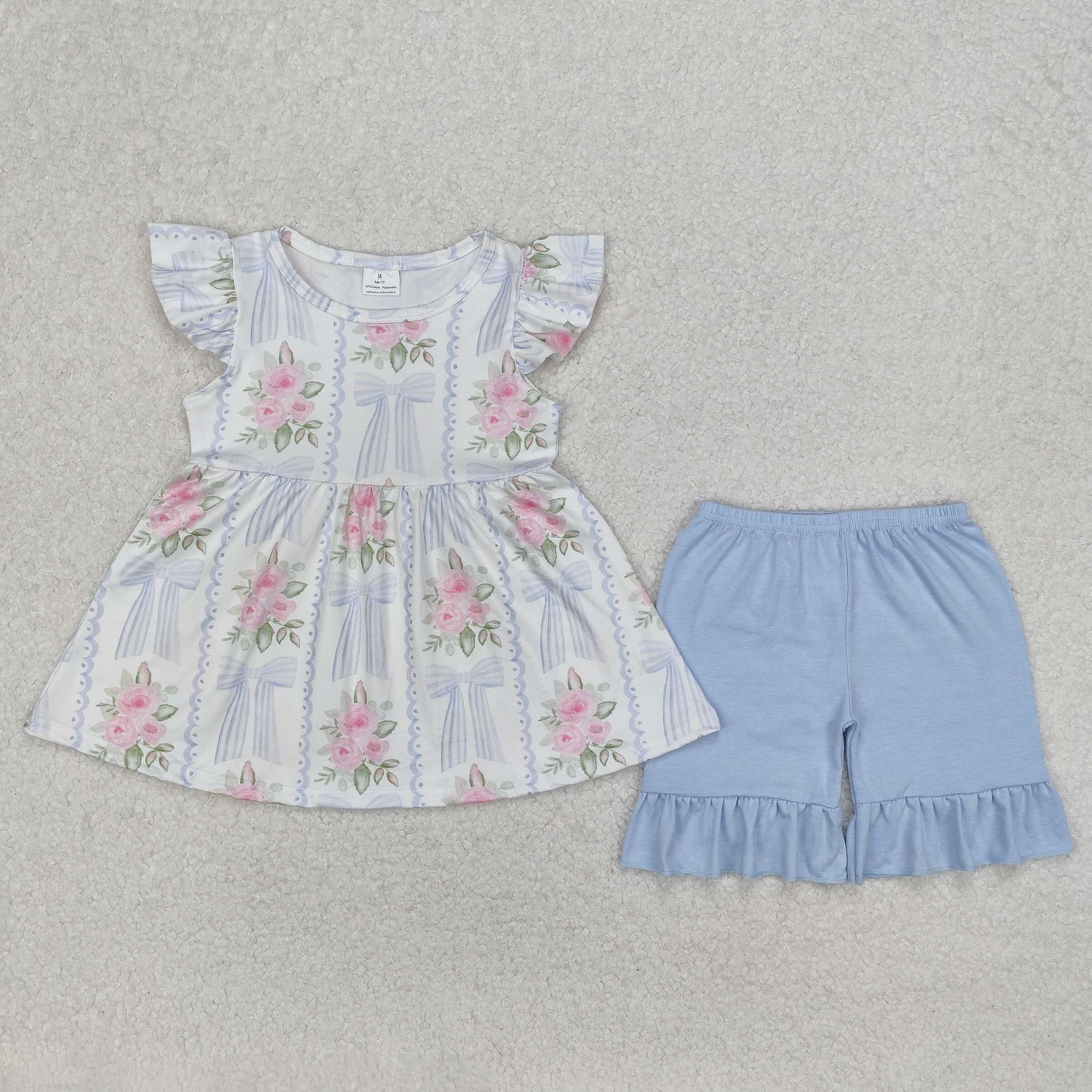 GSSO2052 Blue Pink Flower Leaf Ruffle Fly Sleeve Shorts Girls Boutique Sets 202503 RTS