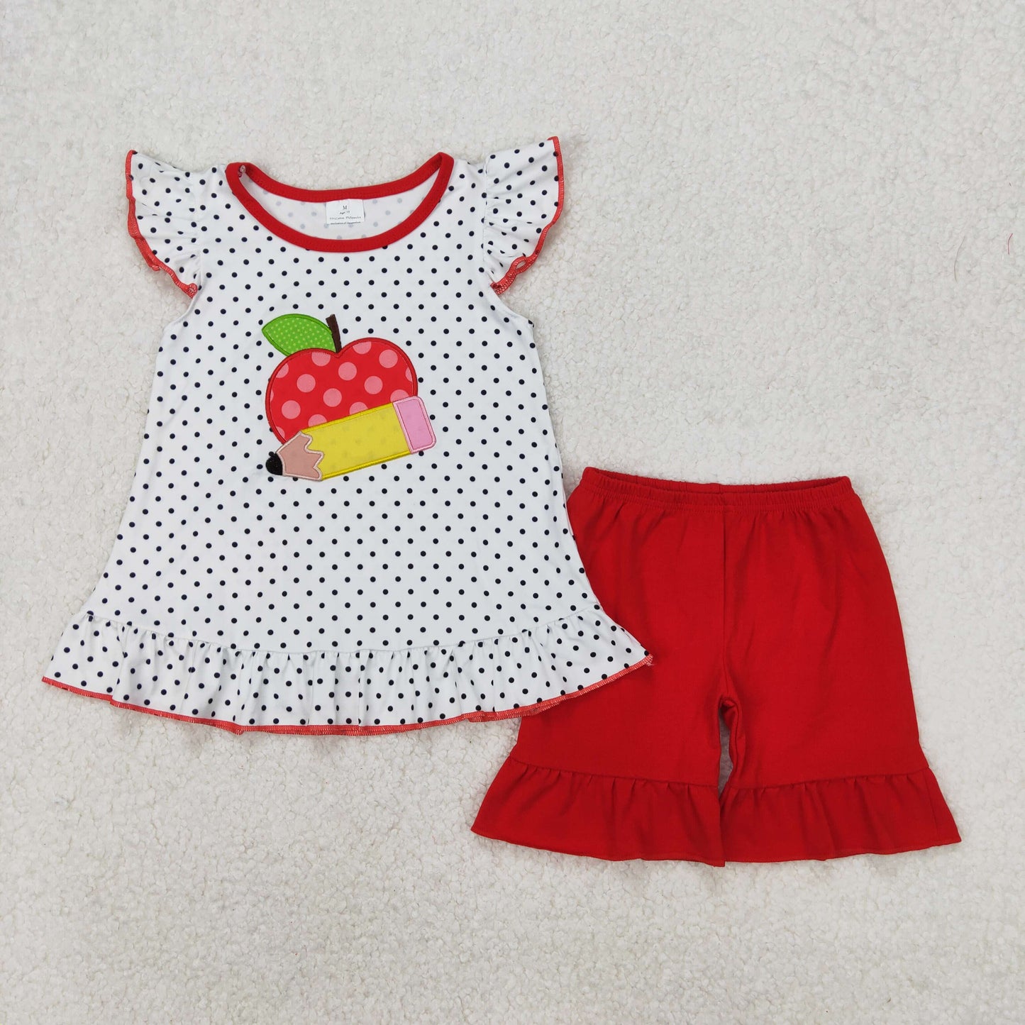 GSSO2071 Embroidered Apple Pencil Red White Dot Rufle Fly Sleeve Top Shorts Boutique Girls Clothing Sets 202503 RTS