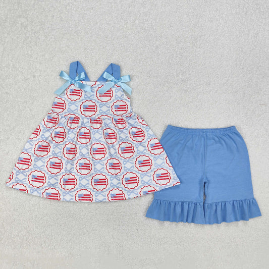 GSSO2074 4th of July USA Flag Red Blue Ruffle Sleeveless Shorts Girls Boutique Sets 202503 RTS
