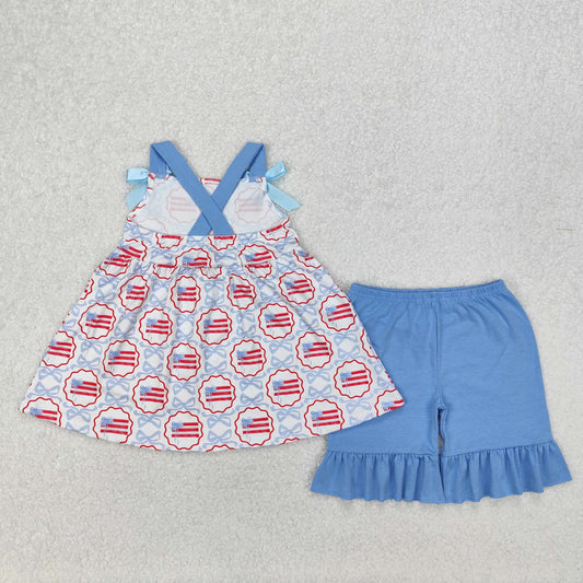 GSSO2074 4th of July USA Flag Red Blue Ruffle Sleeveless Shorts Girls Boutique Sets 202503 RTS