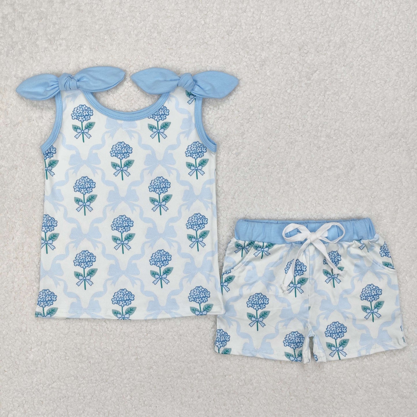 GSSO2079 Blue Flower Bow sleeveless top shorts set Girls Boutique Outfit 202503 RTS