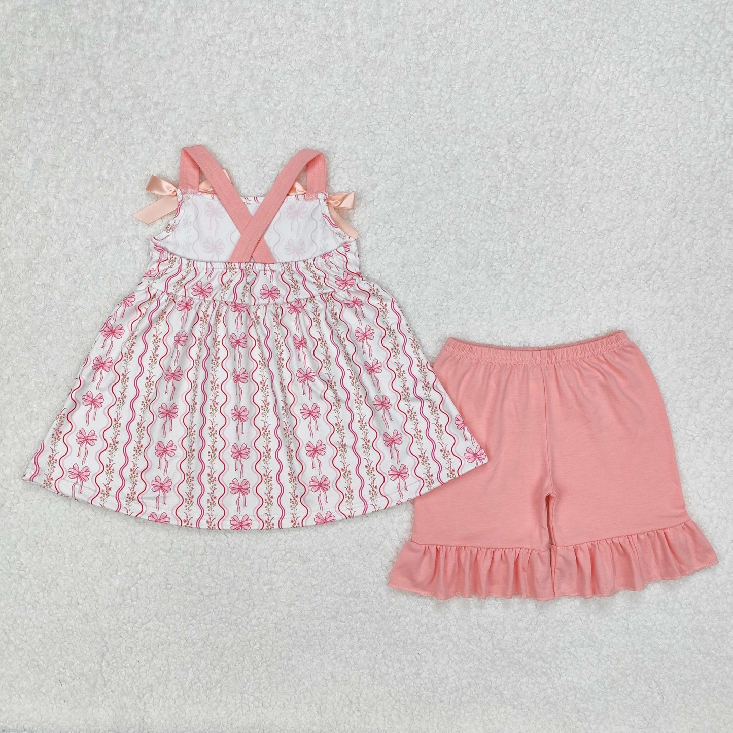 GSSO2094 Orange Pink Bows Flower Ruffle Sleeveless top shorts sets girls boutique outfit 202503 RTS