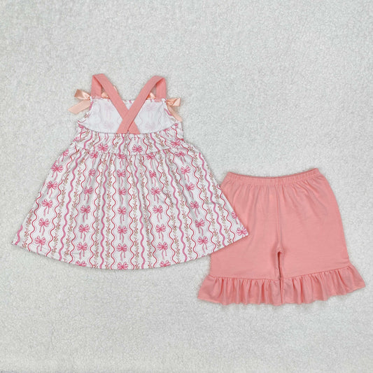 GSSO2094 Orange Pink Bows Flower Ruffle Sleeveless top shorts sets girls boutique outfit 202503 RTS