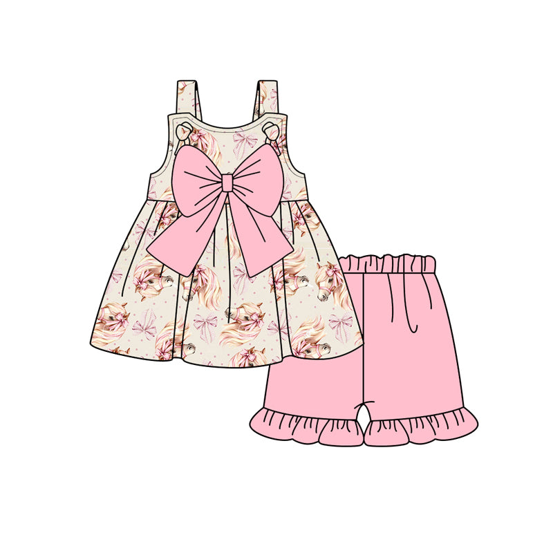 GSSO2100 Cowgirl Pink Big Bow Sleeveless Top Ruffle Shorts Sets Girls Boutique Outfits 202503 RTS