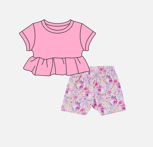 preorder GSSO2103 Pure Pink Short Sleeve Flower Shorts Sets Girls Boutique Outfits 20250104