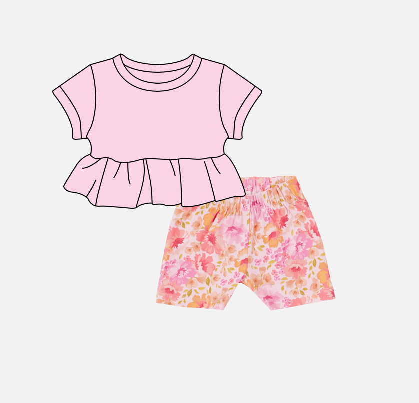 preorder GSSO2104 Pure Light Pink Short Sleeve Flower Shorts Sets Girls Boutique Outfits 20250104