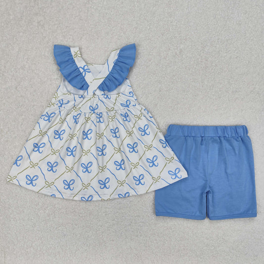 GSSO2109 Blue Bows Ruffle Flying Sleeve top shorts sets girls boutique outfit 202503 RTS