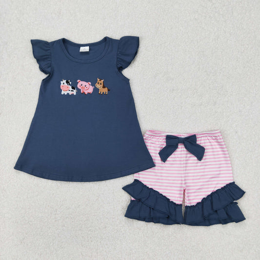 GSSO2110 Embroidered Farm Animals Navy Blue Bow Flying Sleeve Top Pink Striped Ruffle Shorts Pajamas Sets Boutique Girls Outfits 202503 RTS