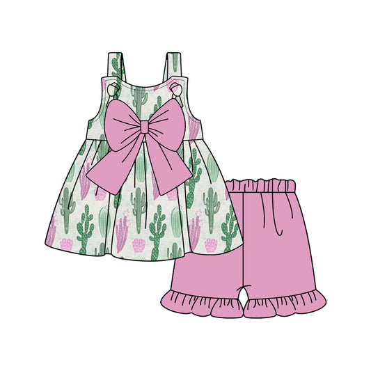 Preorder GSSO2122 Cactus Bow ruffled sleeveless top shorts Girls Boutique Summer clothes 202501