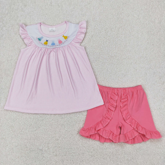 GSSO2125 Embroidered Easter Bunnies Pink Plaid Fly Sleeve Top Ruffle Shorts Sets Girls Boutique Outfits 202503RTS