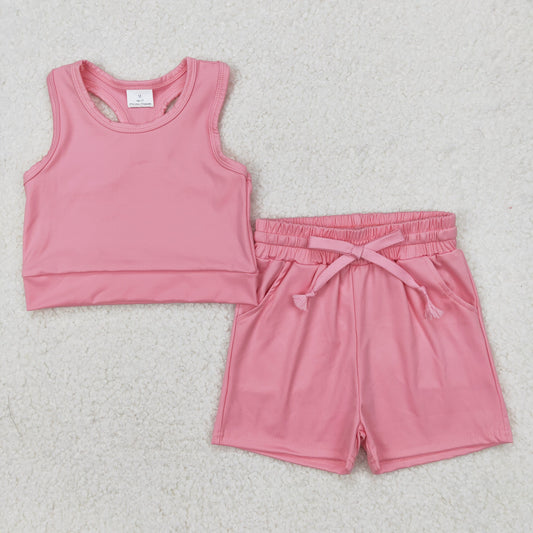 GSSO2130 Pure Pink Sleeveless Vest and Shorts Sets Girls Boutique Yoga Outfit 202503 RTS
