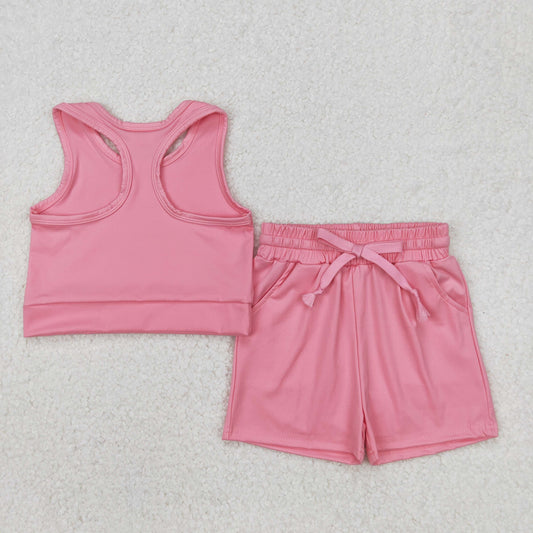 GSSO2130 Pure Pink Sleeveless Vest and Shorts Sets Girls Boutique Yoga Outfit 202503 RTS