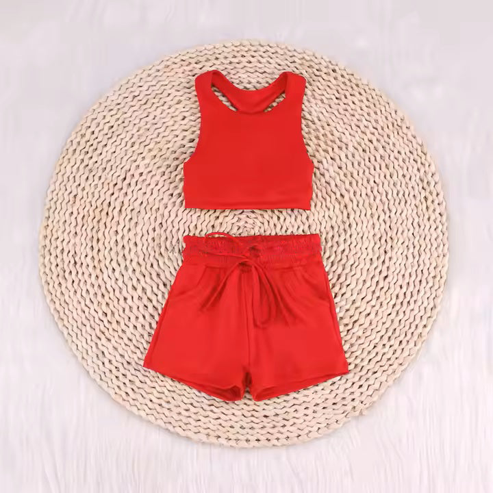 GSSO2131 Milk Silk Yoga Outfit Baby Girls Sports Clothes Pure Red Sleeveless Vest shorts Girls Boutique Summer Clothes 202503 RTS