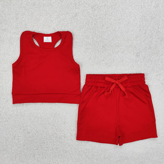 GSSO2131 Milk Silk Yoga Outfit Baby Girls Sports Clothes Pure Red Sleeveless Vest shorts Girls Boutique Summer Clothes 202503 RTS