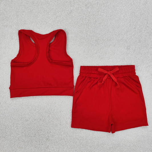 GSSO2131 Milk Silk Yoga Outfit Baby Girls Sports Clothes Pure Red Sleeveless Vest shorts Girls Boutique Summer Clothes 202503 RTS