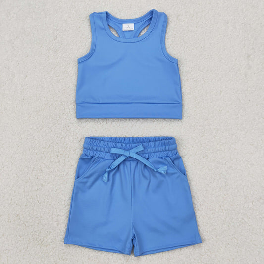 GSSO2132 Yoga Outfit Baby Girls Sports clothes Sky Blue Sleeveless Vest shorts Girls Boutique Summer clothes 202504 RTS