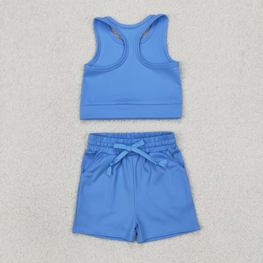 GSSO2132 Yoga Outfit Baby Girls Sports clothes Sky Blue Sleeveless Vest shorts Girls Boutique Summer clothes 202504 RTS