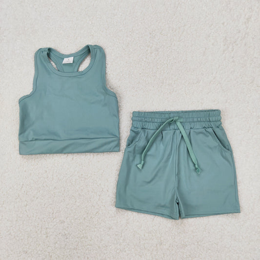 GSSO2133 Yoga Outfit Pea Green Sleeveless Vest shorts sets Girls Boutique Outfits 202503 RTS