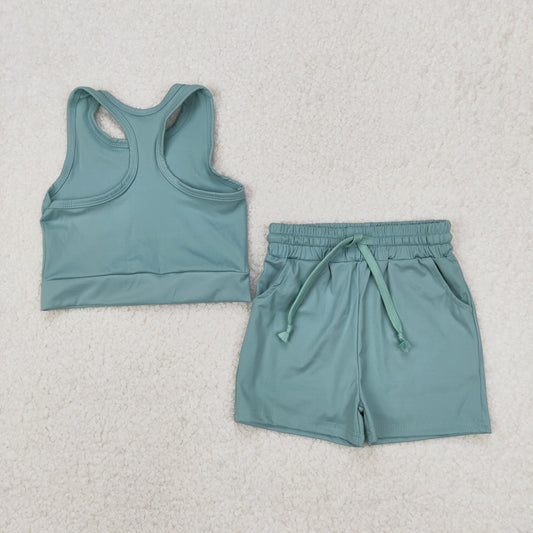 GSSO2133 Yoga Outfit Pea Green Sleeveless Vest shorts sets Girls Boutique Outfits 202503 RTS