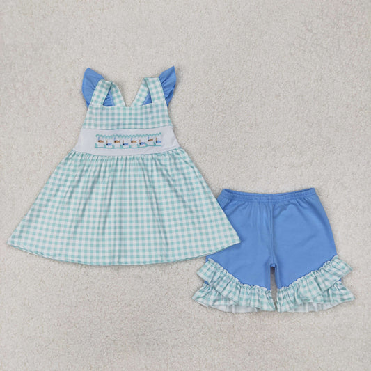 GSSO2148 Embroidered Fish Blue Green Plaid Ruffle Flying Sleeve Top Shorts Sets Boutique Girls Outfits 202503 RTS