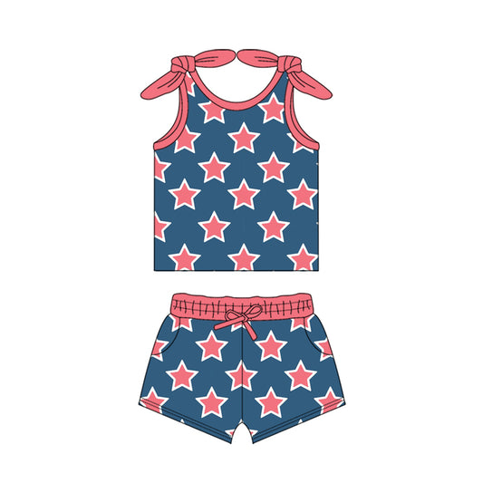 GSSO2151 4th of July USA Red Blue Star Sleeveless Top shorts set girls boutique outfit 202503 RTS