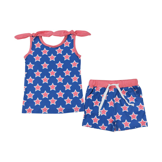 GSSO2151 4th of July USA Red Blue Star Sleeveless Top shorts set girls boutique outfit 202503 RTS