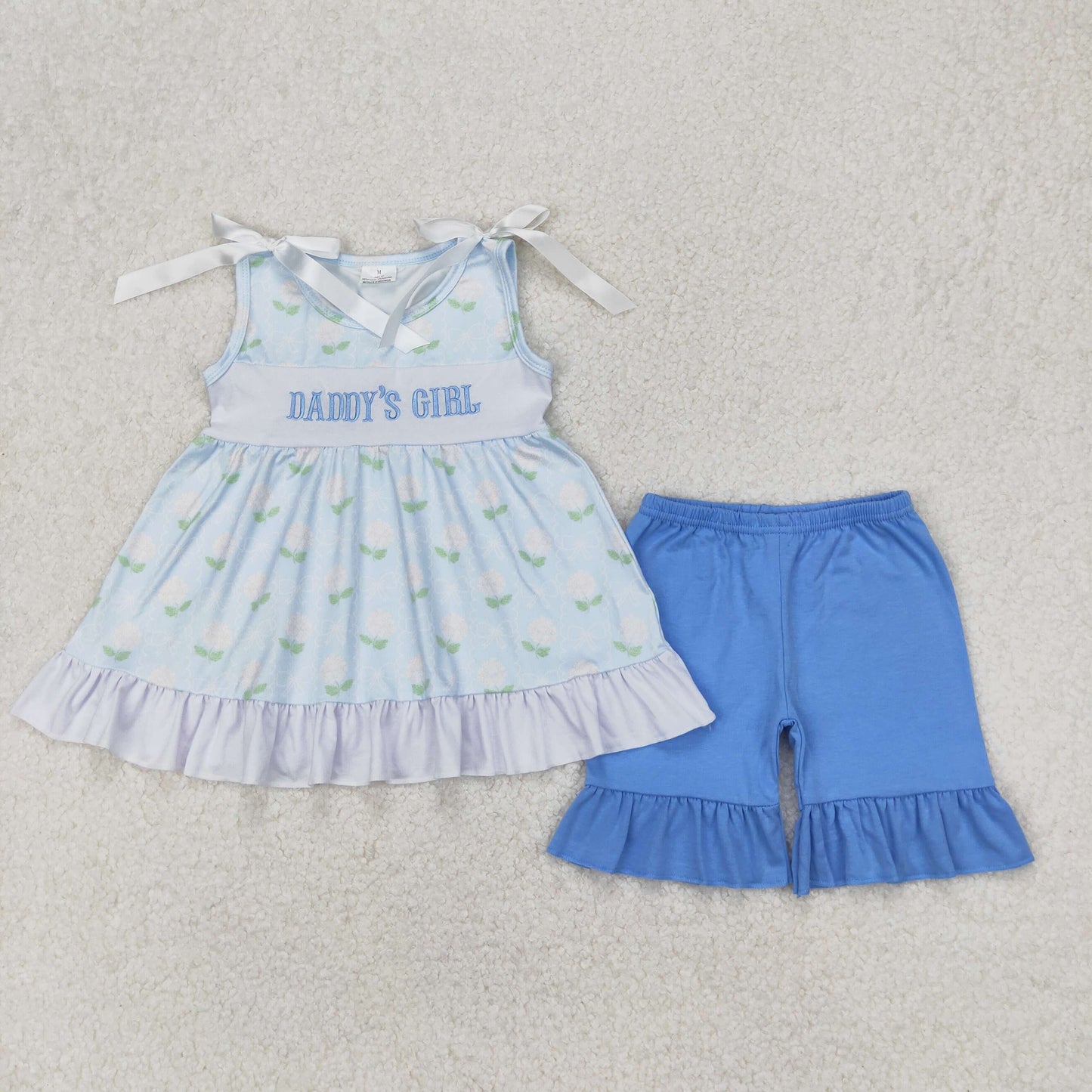 GSSO2152 Daddys Girl Embroidered Light Blue Flower Ruffle Sleeveless Top shorts set girls boutique outfit 202503 RTS