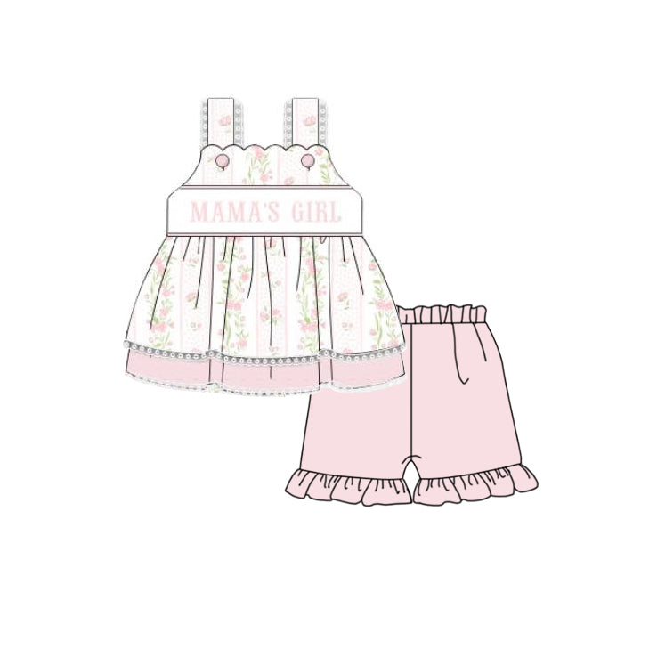 GSSO2153 Mamas Girl Pink White Flower Lace Sleeveless Top Shorts Set Girls Boutique Outfits 202503 RTS