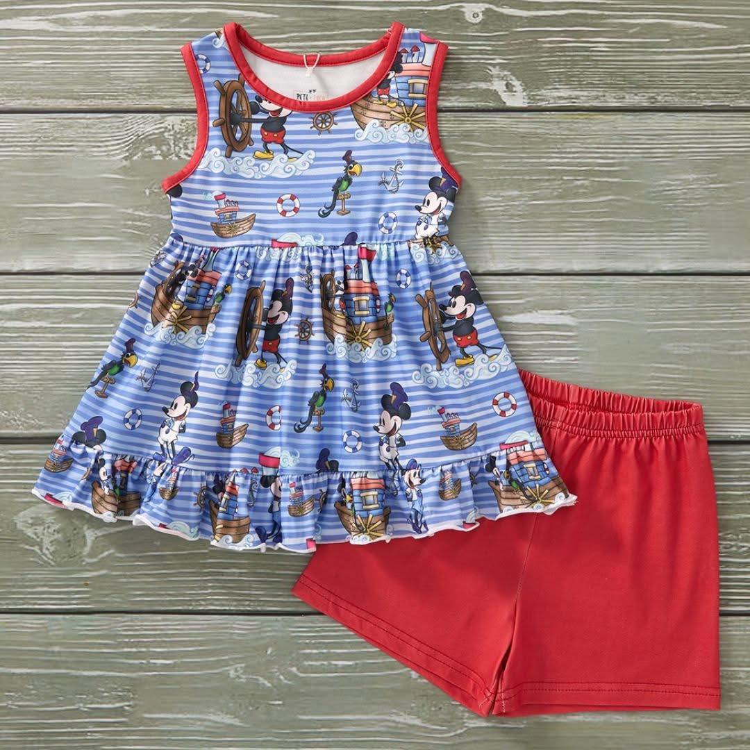 preorder GSSO2156 Blue Mickey Sailboat Striped Sleeveless Top Red shorts set girls boutique outfit 202503