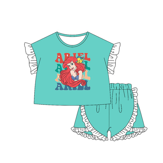 preorder GSSO2158 Disney Princess Mermaid White Lace green short-sleeved ruffled shorts set girls boutique outfit 202502