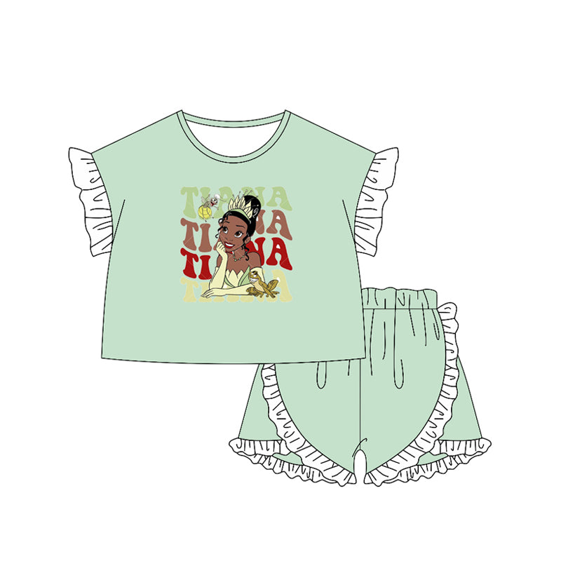 preorder GSSO2165 Disney Princess Tiana White lace light green short-sleeved ruffled shorts outfit set girls boutique outfit 202502