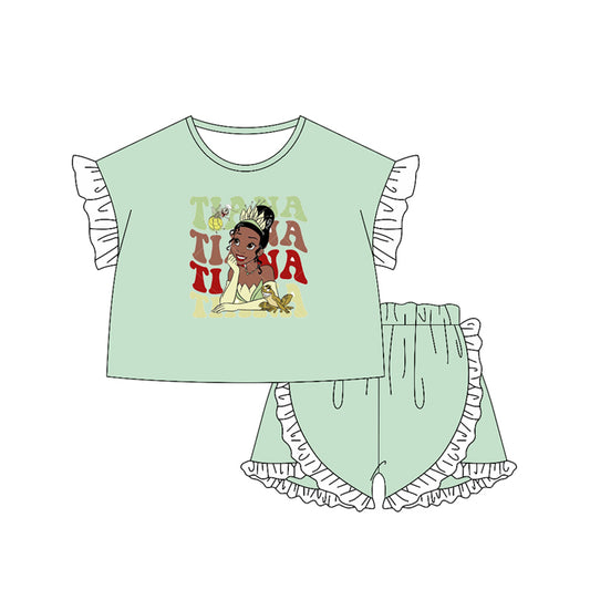 preorder GSSO2165 Disney Princess Tiana White lace light green short-sleeved ruffled shorts outfit set girls boutique outfit 202502