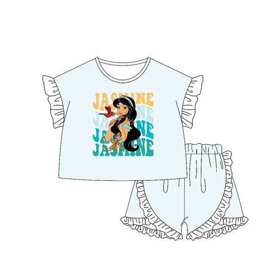 preorder GSSO2166 Disney Jasmine Princess White lace sky blue ruffle short sleeve shorts set girls boutique outfit 202502