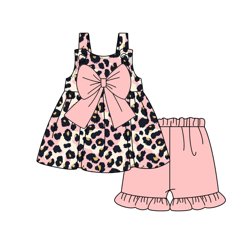 Preorder GSSO2167 Hot pink Bow brown Leopard print sleeveless top ruffle shorts sets Girls Boutique Summer clothes 202502 RTS